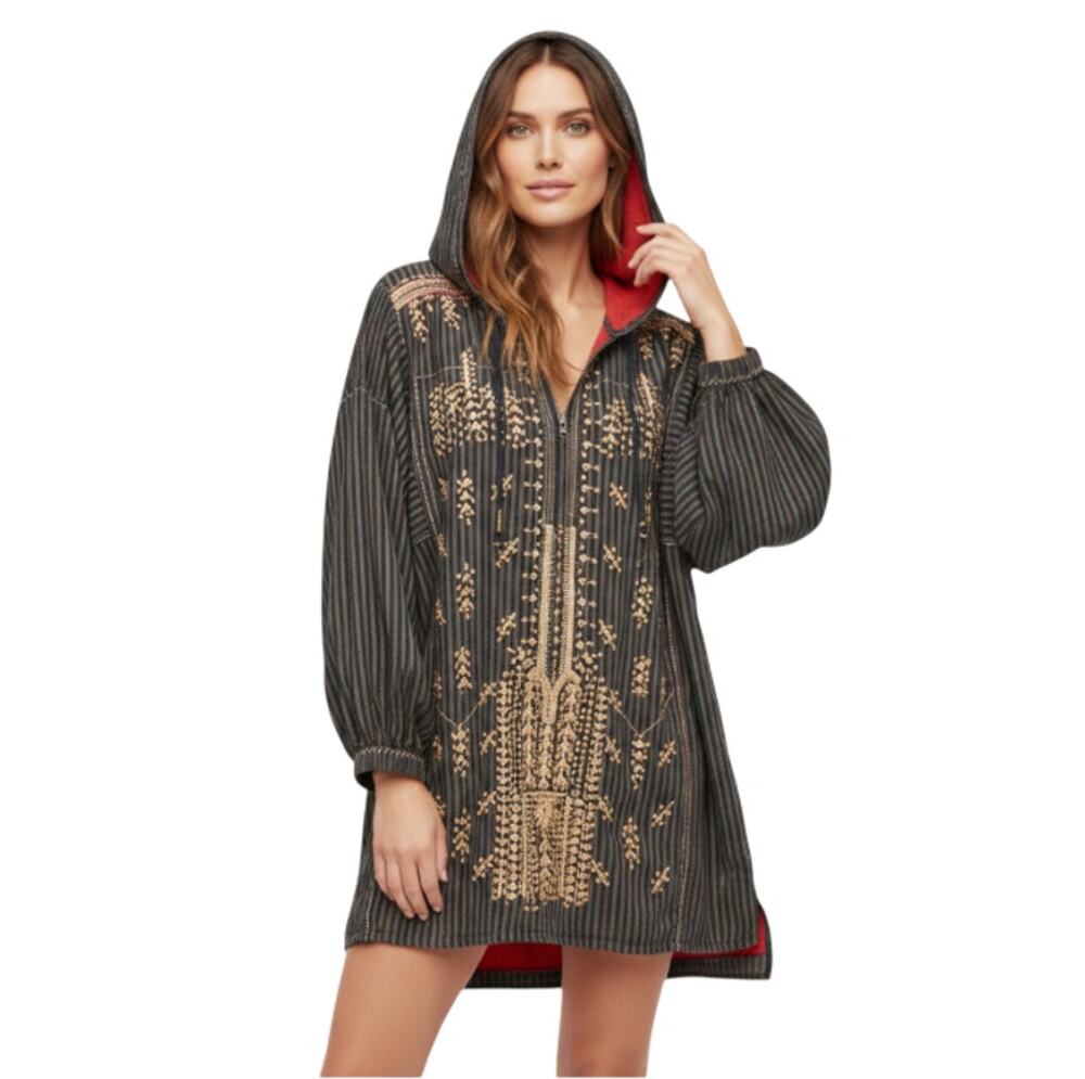 FREE PEOPLE Embroidered Stripe Studded Pullover Tunic Sz M/L Blue Boho Stylish